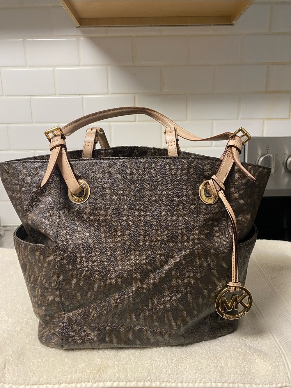 Michael Kors Brown Monogram Tote with Gold Hardware
